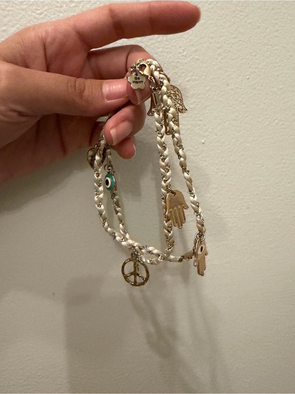 Gold and Ivory Braided Charm Necklace with Hamsa & Heart - Picture 3 of 3